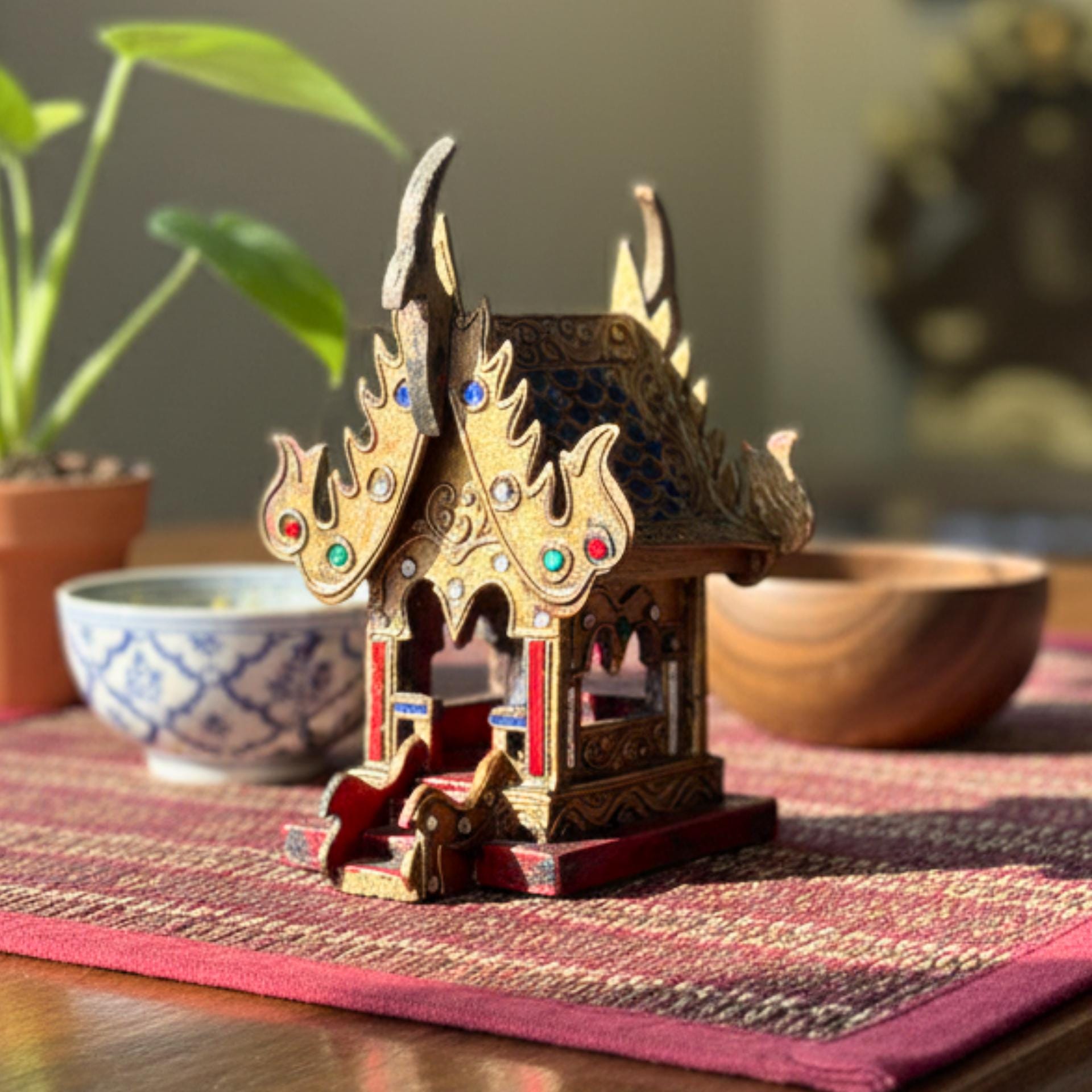 Hand Painted Thai Teak Wood Spirit House: Traditional Temple Shrine, Folk Art