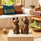Cat Statue Pair Teak Wood Rustic 5 Inch Stacking Sculpture Set - Siam Wood Artisans