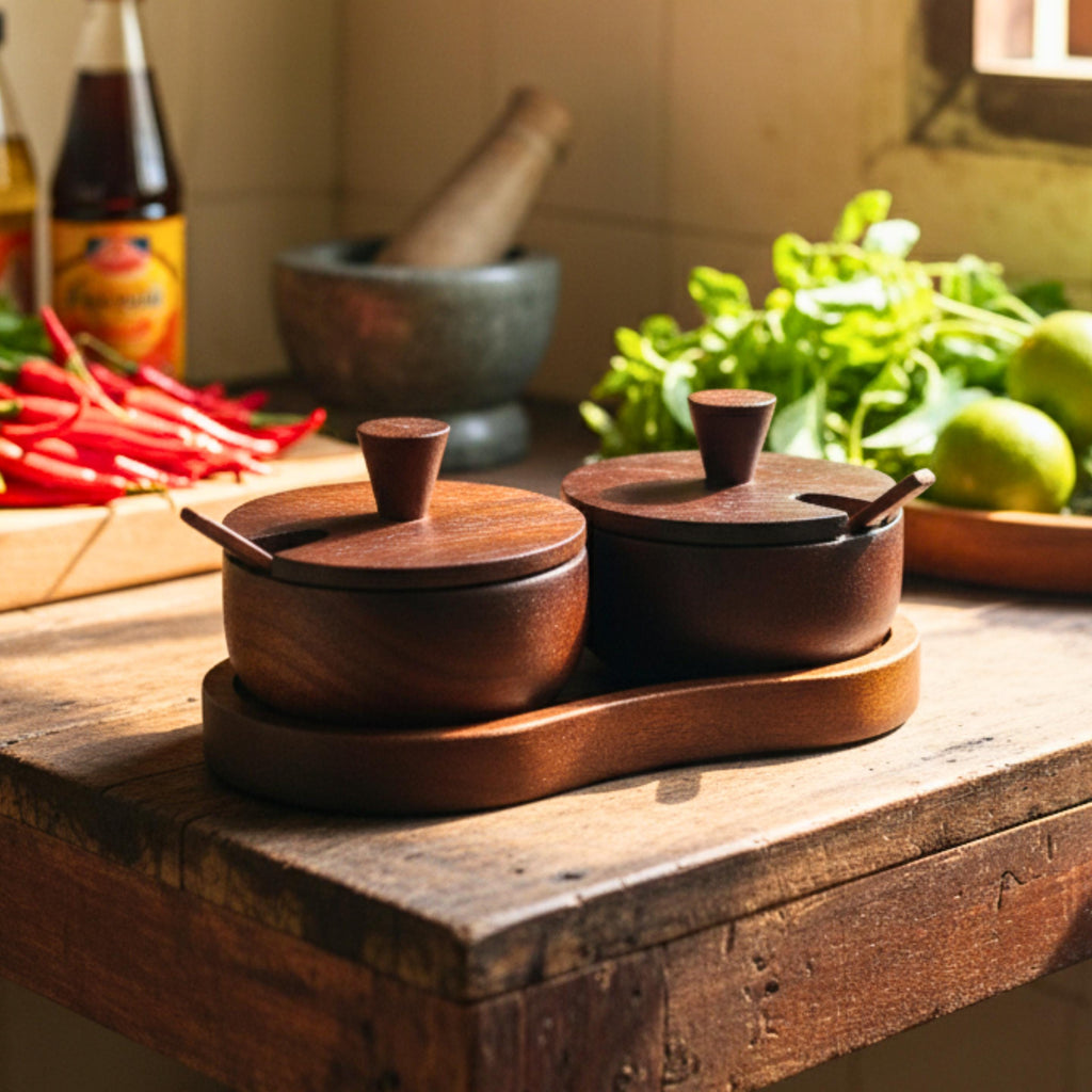 Hand Carved Wood Spice and Condiment Set: Salt, Sugar, and Pepper Server