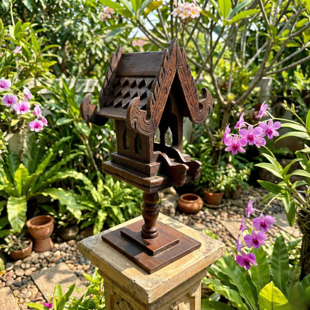 Hand Carved Teak Wood Spirit House Shrine on Pedestal: Thai Altar Decor