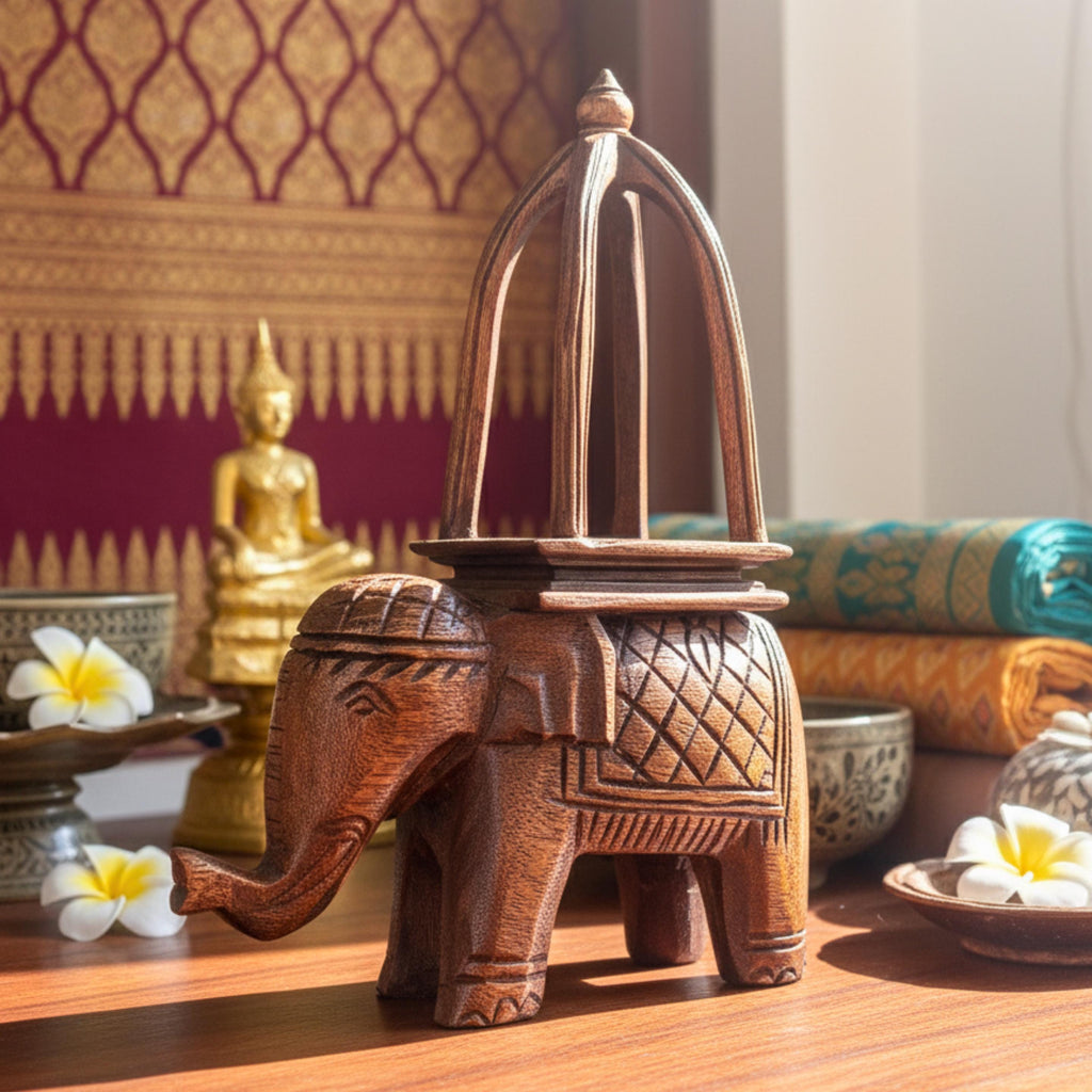 Hand Carved Wood Ceremonial Elephant: Thai Display Riser & Home Decor