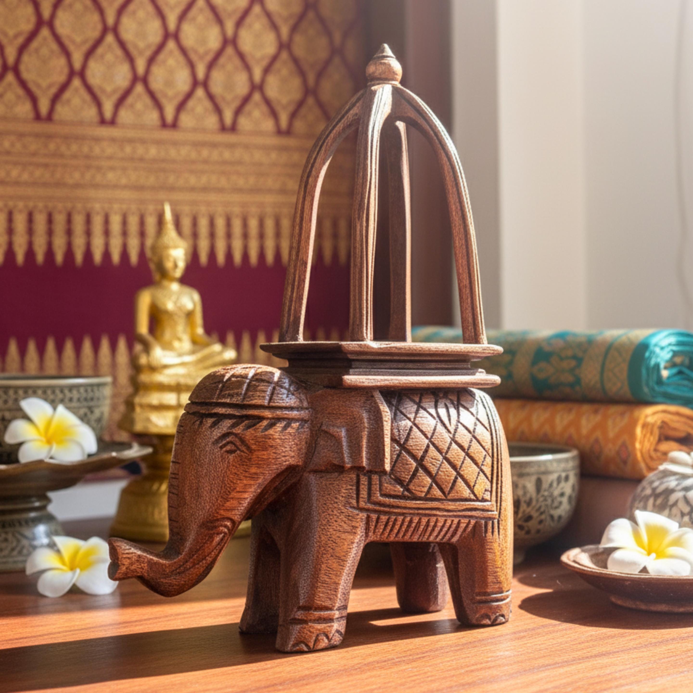 Hand Carved Wood Ceremonial Elephant: Thai Display Riser & Home Decor