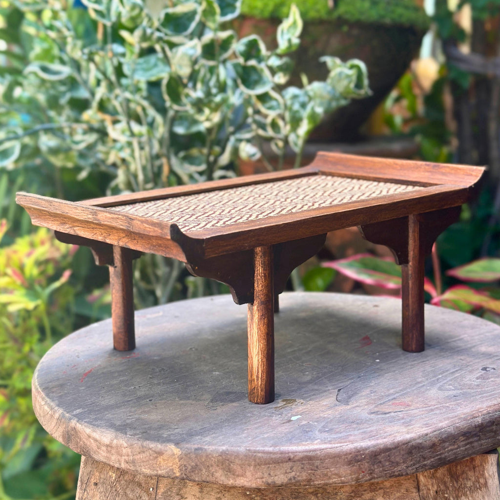 Handcrafted Wooden Altar Pedestal Tray: Woven Rattan Offering Stand