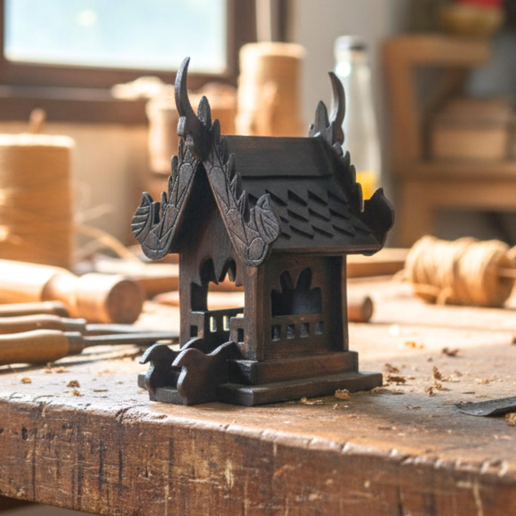 Hand Carved Teak Wood Spirit House Shrine: Traditional Thai Home Temple Decor