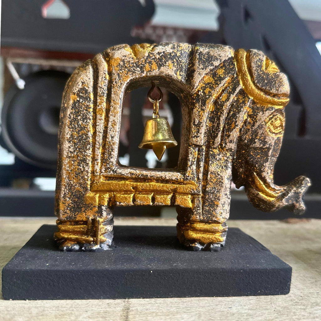 Handcarved Elephant with Bell: Wood Brass Figurine Symbolic Decor
