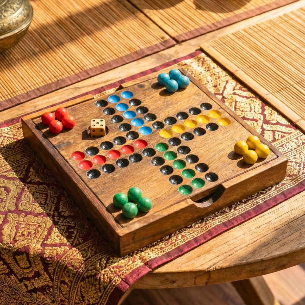 Handmade Acacia Wood Ludo Set with Wooden Marbles: 4 Player Traditional Game