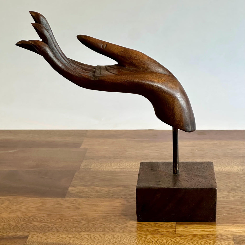 Vintage Hand Carved Acacia Wood Hand Mudra Sculpture: Thai Artisan Decor