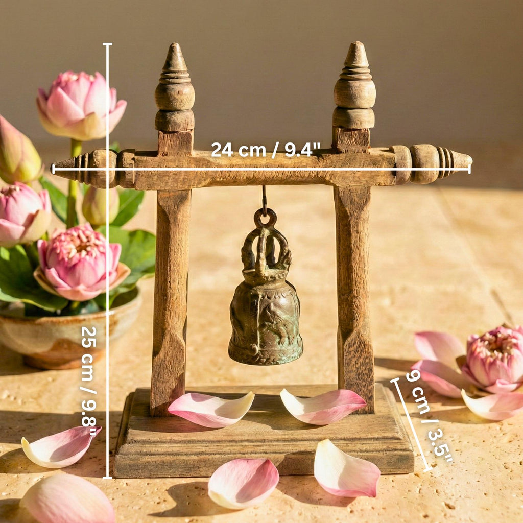 Handcrafted Wood Temple Bell on Stand: Rustic Meditation Decor