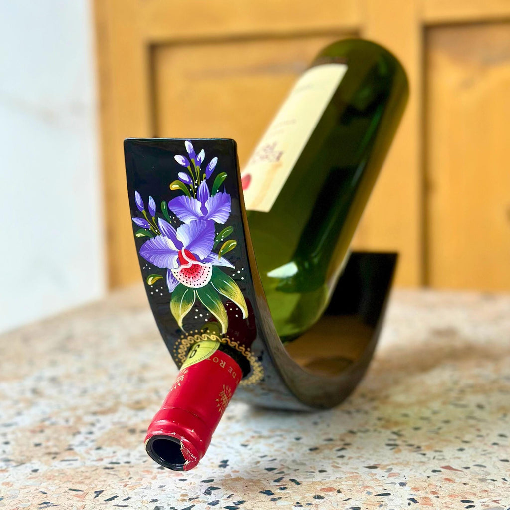 Hand-Painted Balancing Wine Holder, Unique Acacia Wood Stand, Orchid Flower Design, Wine Lover Gift