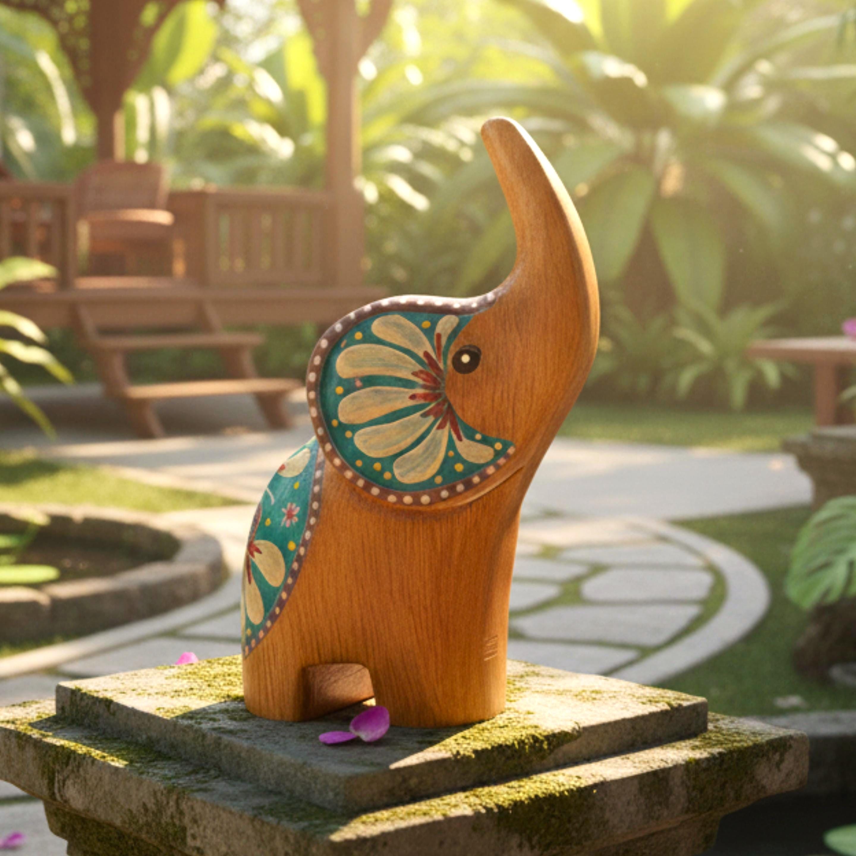 Hand Carved Wood Elephant: Thai Folk Art Lotus Sculpture