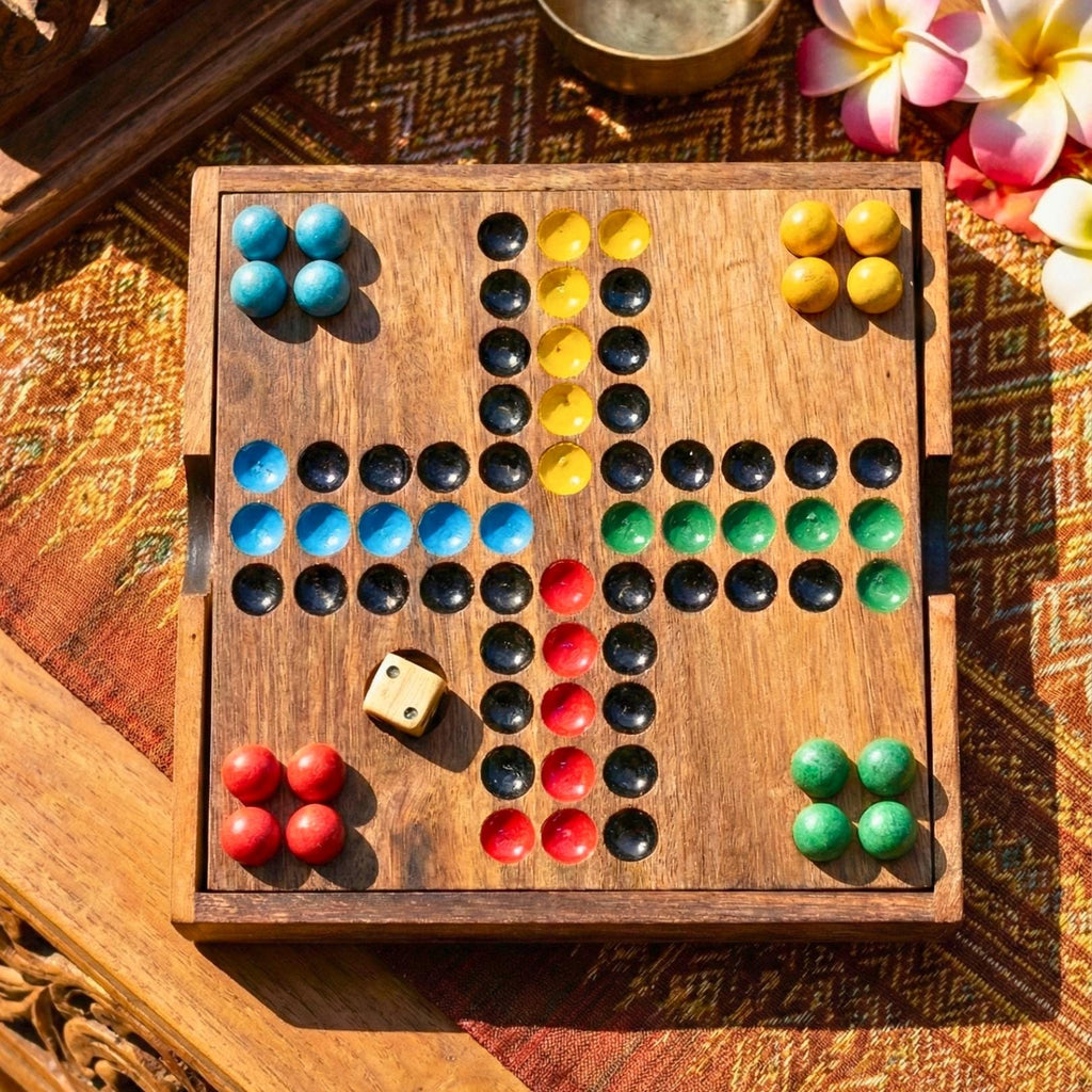 Handmade Acacia Wood Ludo Set with Wooden Marbles: 4 Player Traditional Game