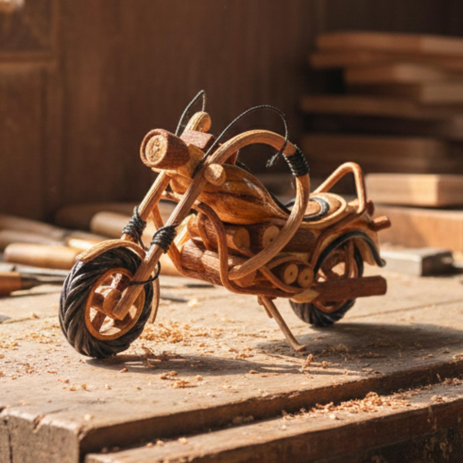 Handcrafted Wooden Motorcycle Model: Chopper Bike Hobby Gift & Toy