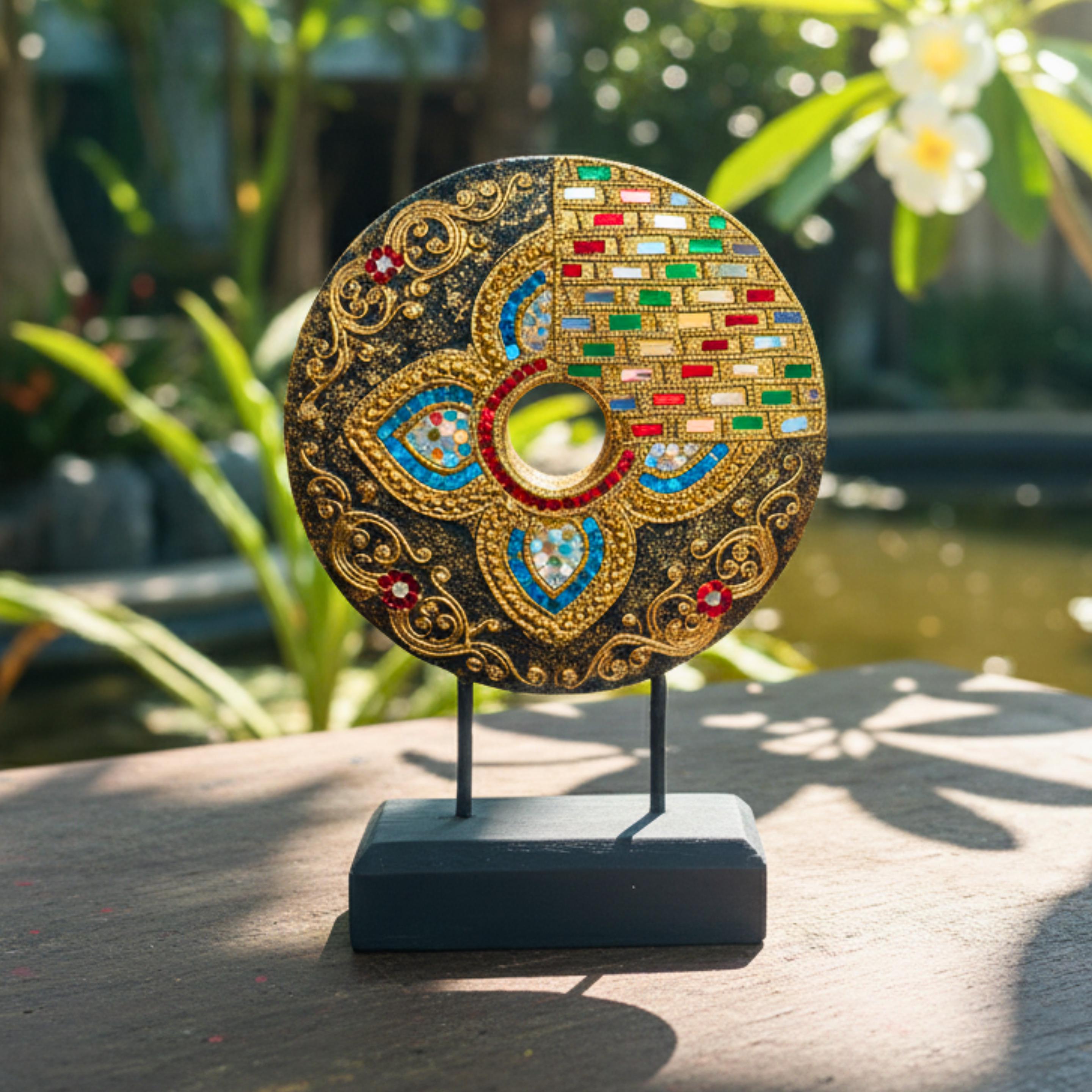 Handcrafted Mandala Disc on Stand (Floral): Thai Wood Sculpture Zen Decor