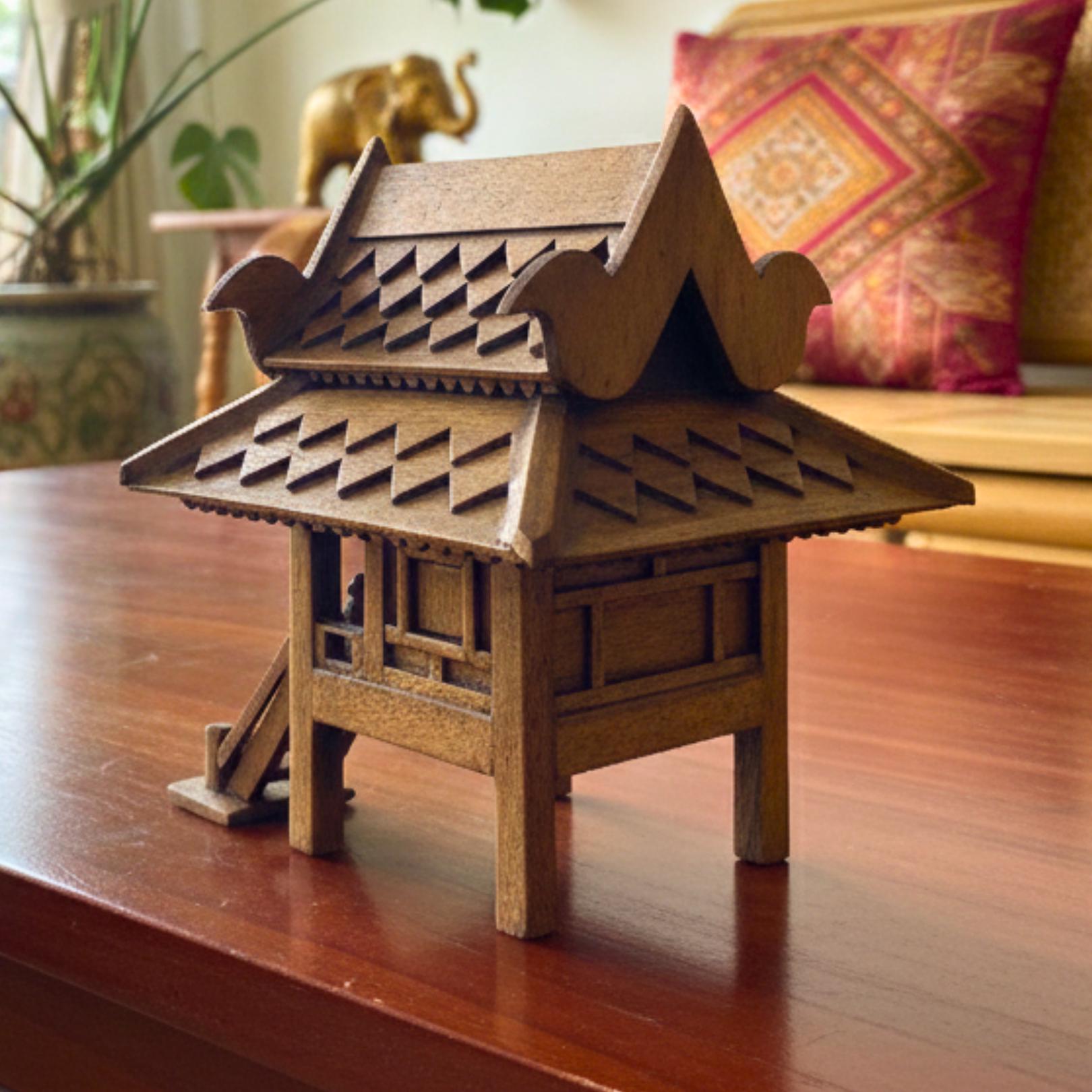 Hand Carved Teak Wood Spirit House: Traditional Thai Architectural Miniature