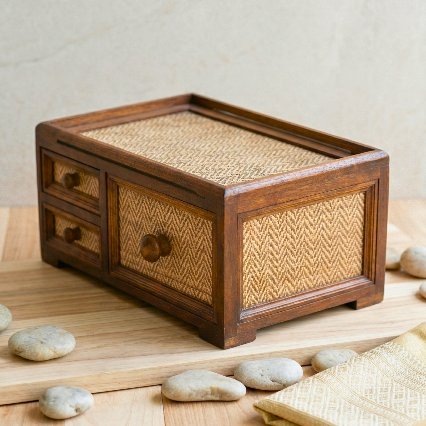 Storage Drawers Teak Wood Rattan 14 Inch Jewelry Organizer Housewarming Gift for Minimalist