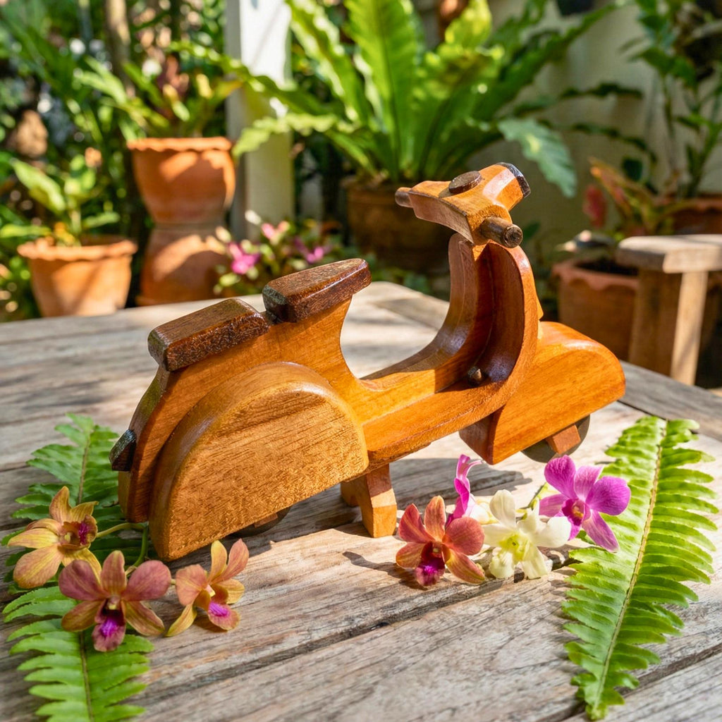 Hand Carved Wood Model Scooter Motorbike: Vintage Retro Desk Decor