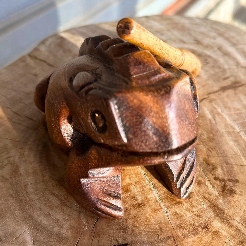 Hand Carved Wood Frog Musical Instrument: Croaking Sound Guiro Toy