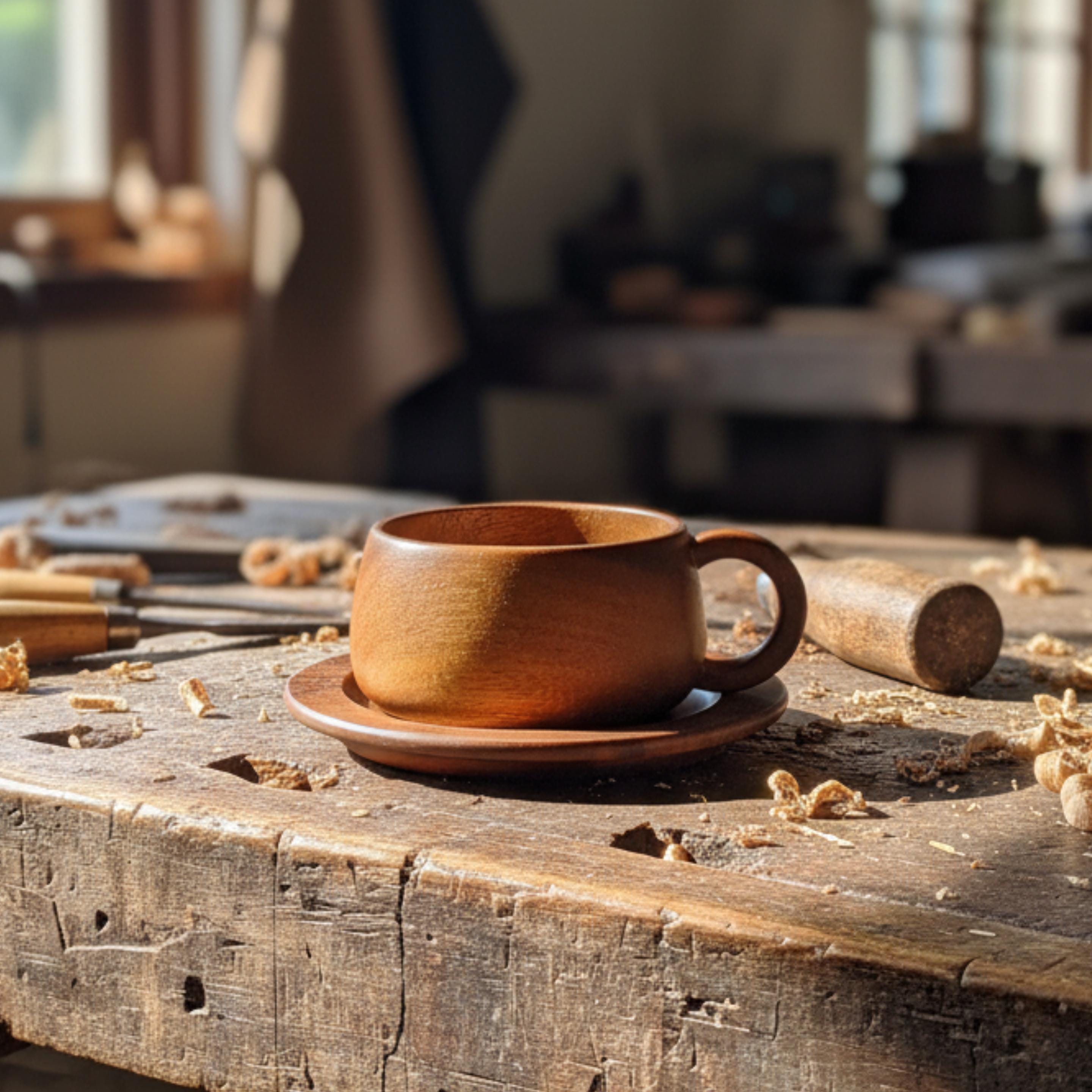 Hand Carved Wood Coffee Cup & Saucer: Rounded Minimalist Teaware Set