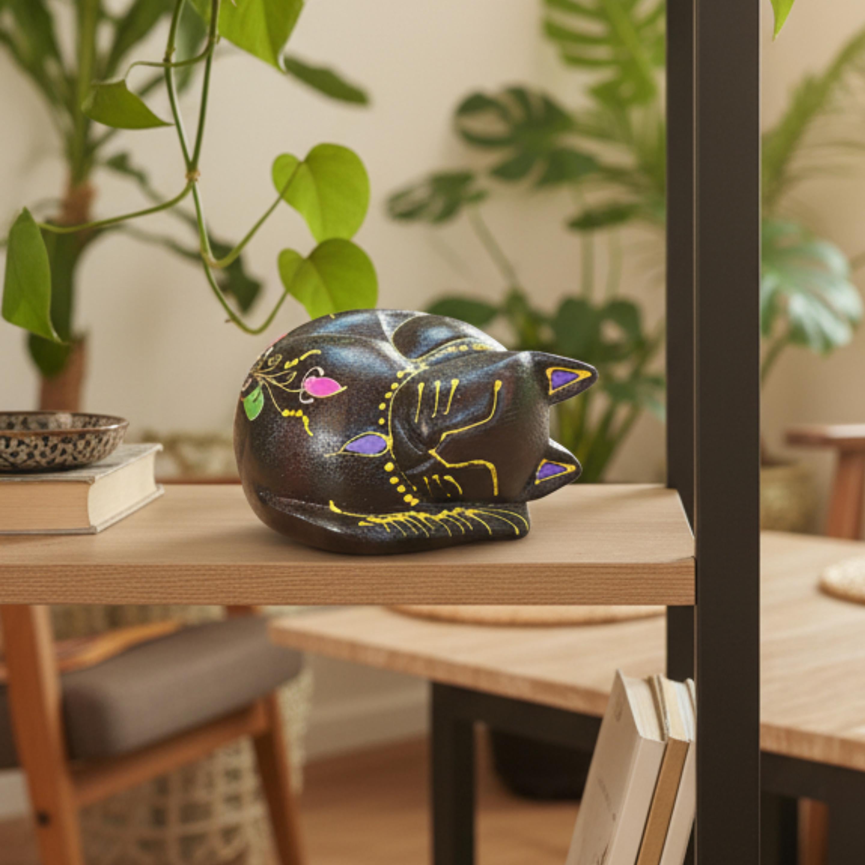 Hand Painted Wooden Sleeping Cat Figurine: Unique Animal Decor Gift