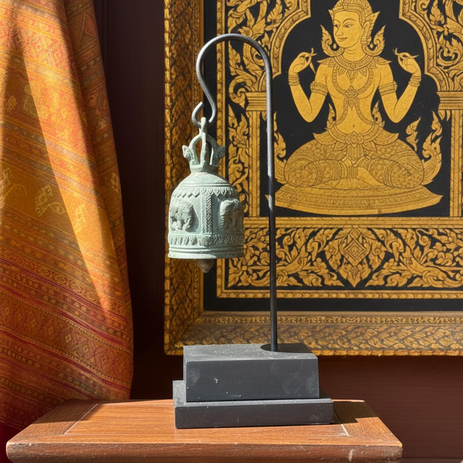Minimalist Metal Bell Stand: Antique Patina Temple Bell Modern Decor