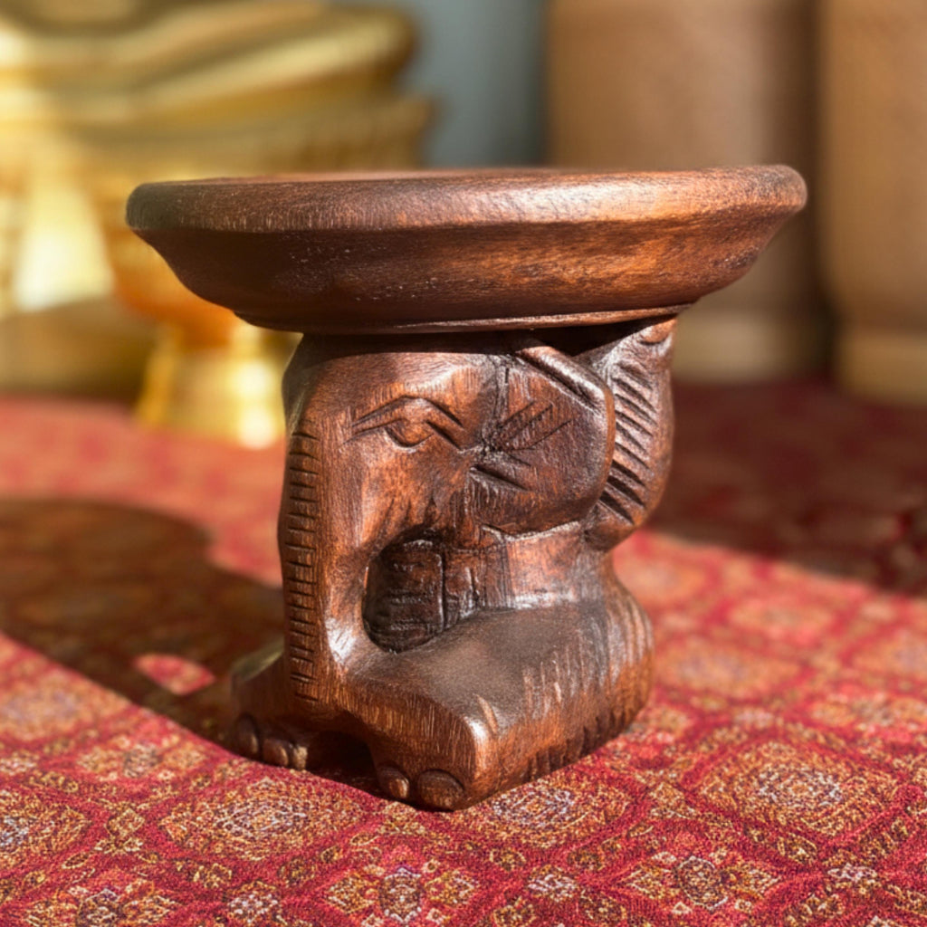 Hand Carved Elephant Pedestal Dish: Wood Soap Holder Spa Accessory
