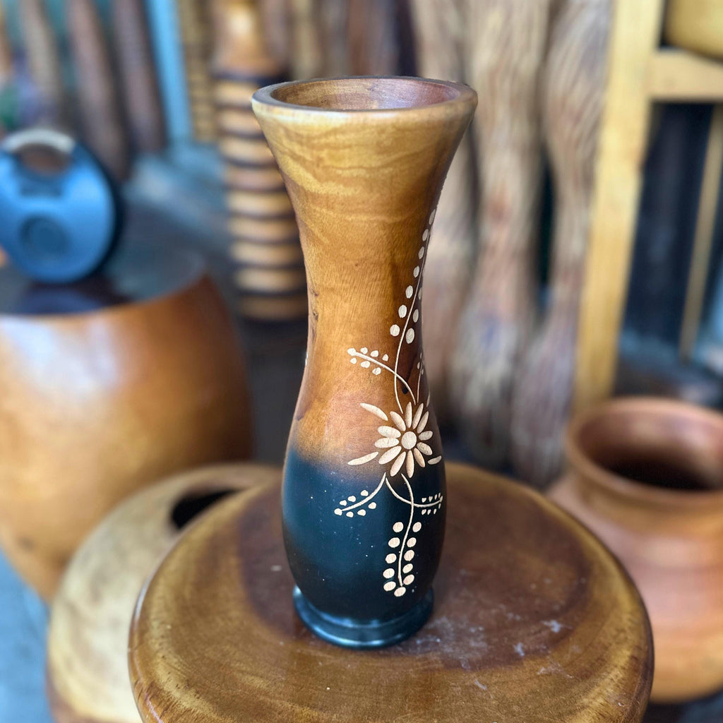 Hand Carved Wooden Tabletop Vase: Two Tone Floral Rustic Centerpiece