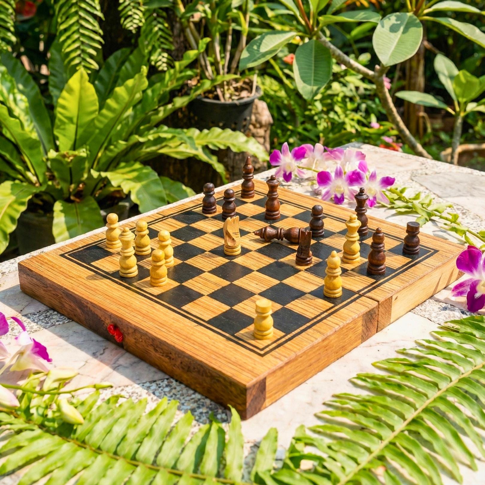 Hand Carved Wood Chess & Backgammon Set: 2-in-1 Traditional Board Game Toy