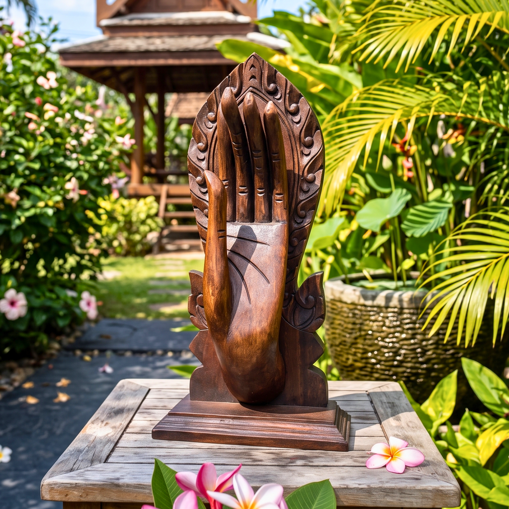 Teak Wood Mudra Hand, 15 Inch Sacred Gesture Sculpture, Housewarming Gift for Yoga Lover