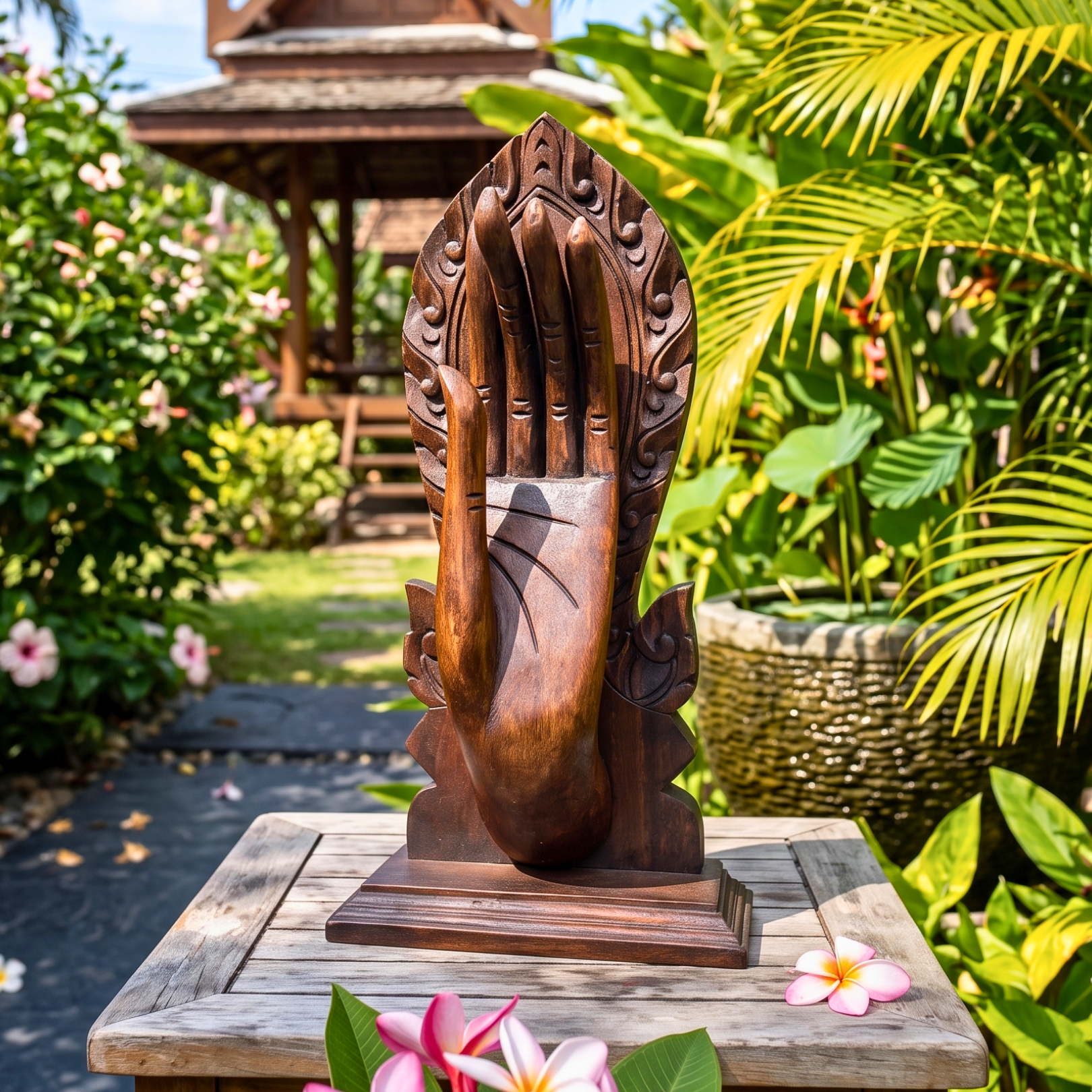 Teak Wood Mudra Hand, 15 Inch Sacred Gesture Sculpture, Housewarming Gift for Yoga Lover