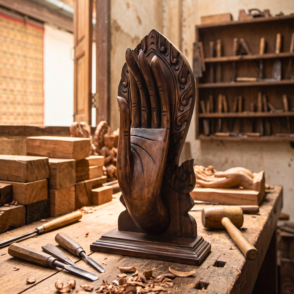 Teak Wood Mudra Hand, 15 Inch Sacred Gesture Sculpture, Housewarming Gift for Yoga Lover