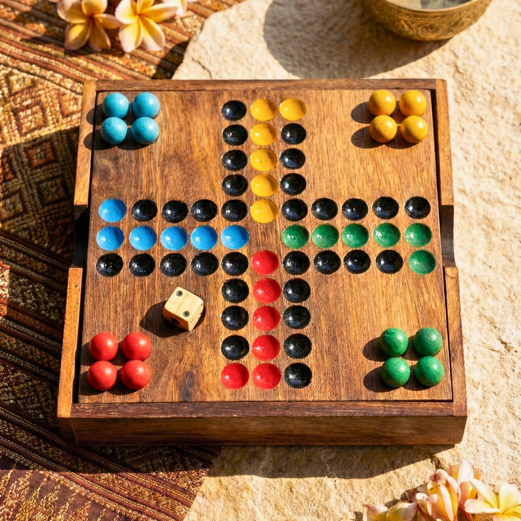 Handmade Acacia Wood Ludo Set with Wooden Marbles: 4 Player Traditional Game