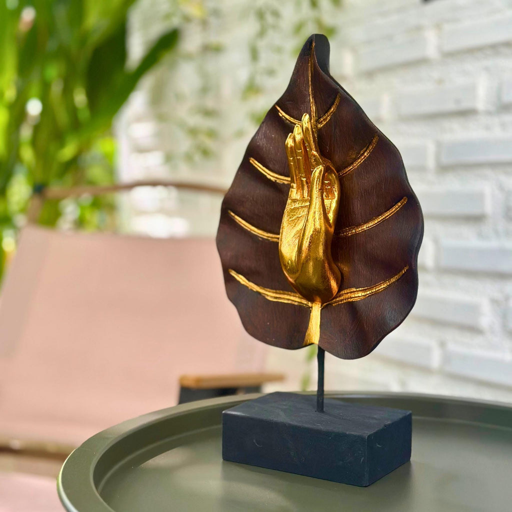 Golden Mudra Hand Sculpture: Thai Meditation Decor in Lotus Leaf