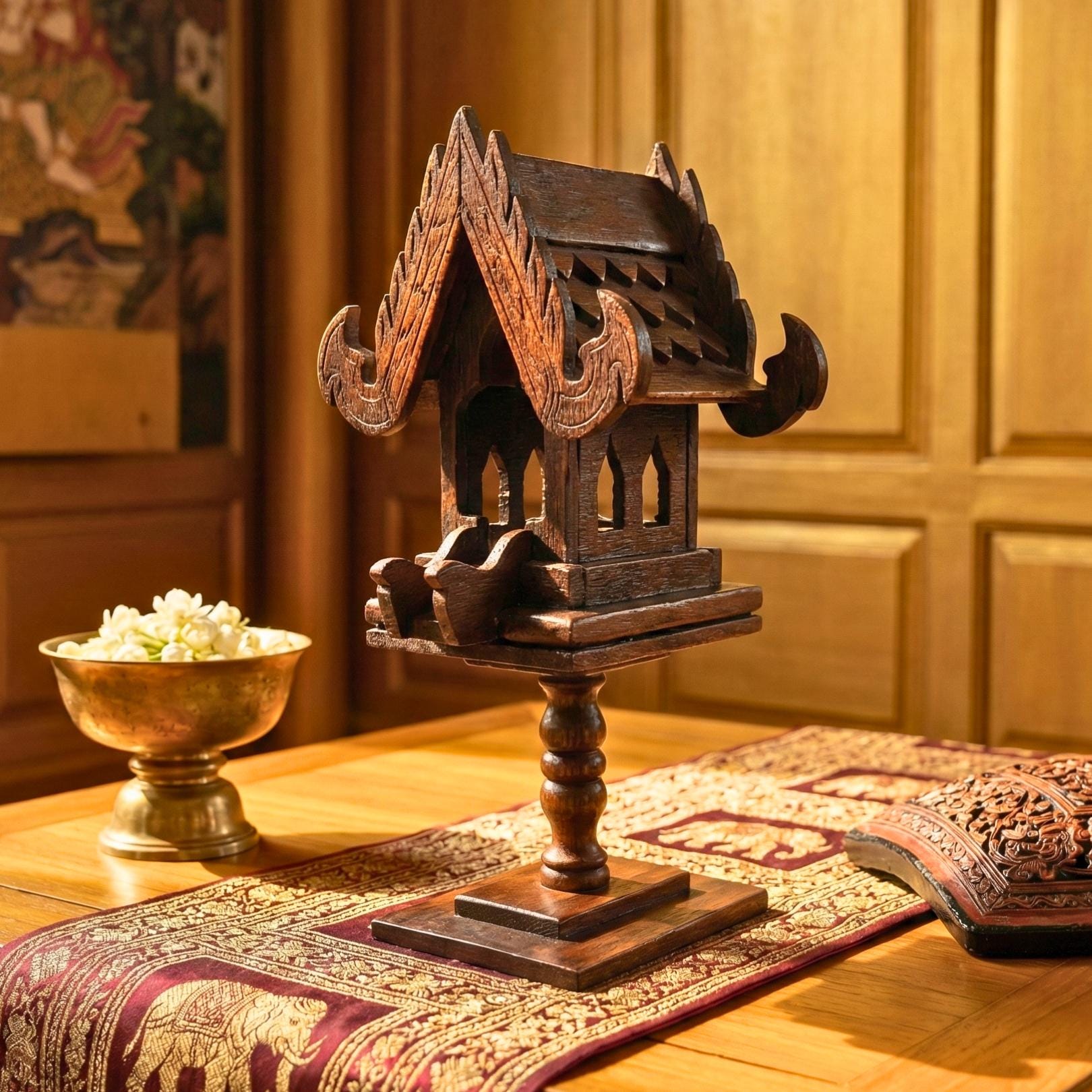 Hand Carved Teak Wood Spirit House Shrine on Pedestal: Thai Altar Decor