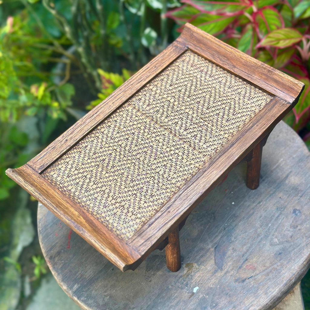 Handcrafted Wooden Altar Pedestal Tray: Woven Rattan Offering Stand