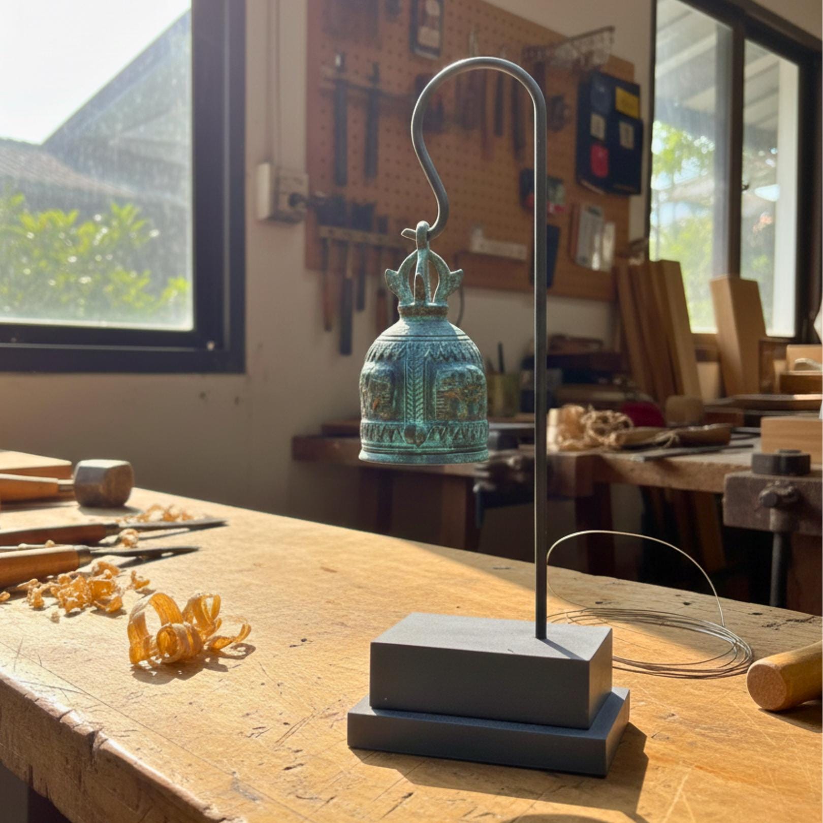 Minimalist Metal Bell Stand: Antique Patina Temple Bell Modern Decor