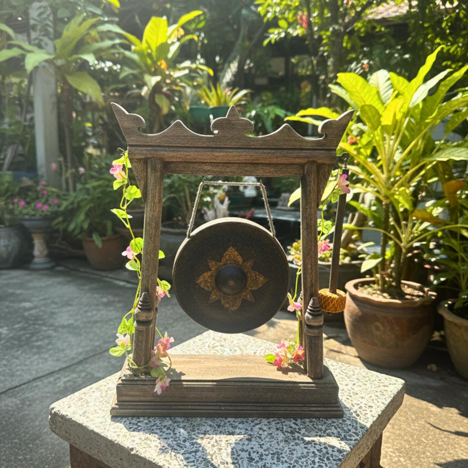 Hand Carved Wood Gong with Traditional Thai Motifs: Authentic Antique Altar Decor