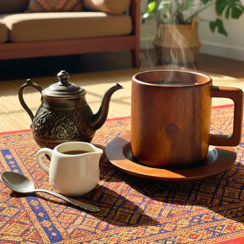 Hand Carved Wood Coffee Mug and Saucer Set: Rustic Teak Wood Teaware