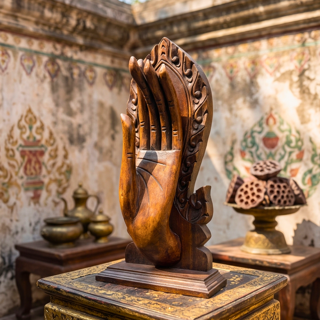 Teak Wood Mudra Hand, 15 Inch Sacred Gesture Sculpture, Housewarming Gift for Yoga Lover