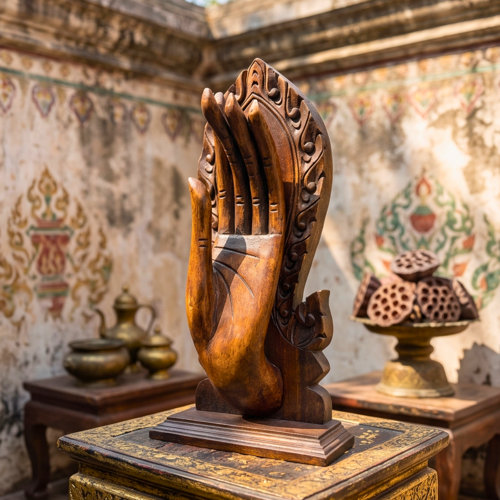 Teak Wood Mudra Hand, 15 Inch Sacred Gesture Sculpture, Housewarming Gift for Yoga Lover