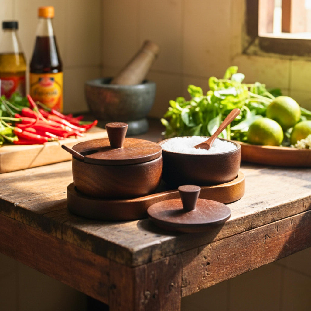 Hand Carved Wood Spice and Condiment Set: Salt, Sugar, and Pepper Server