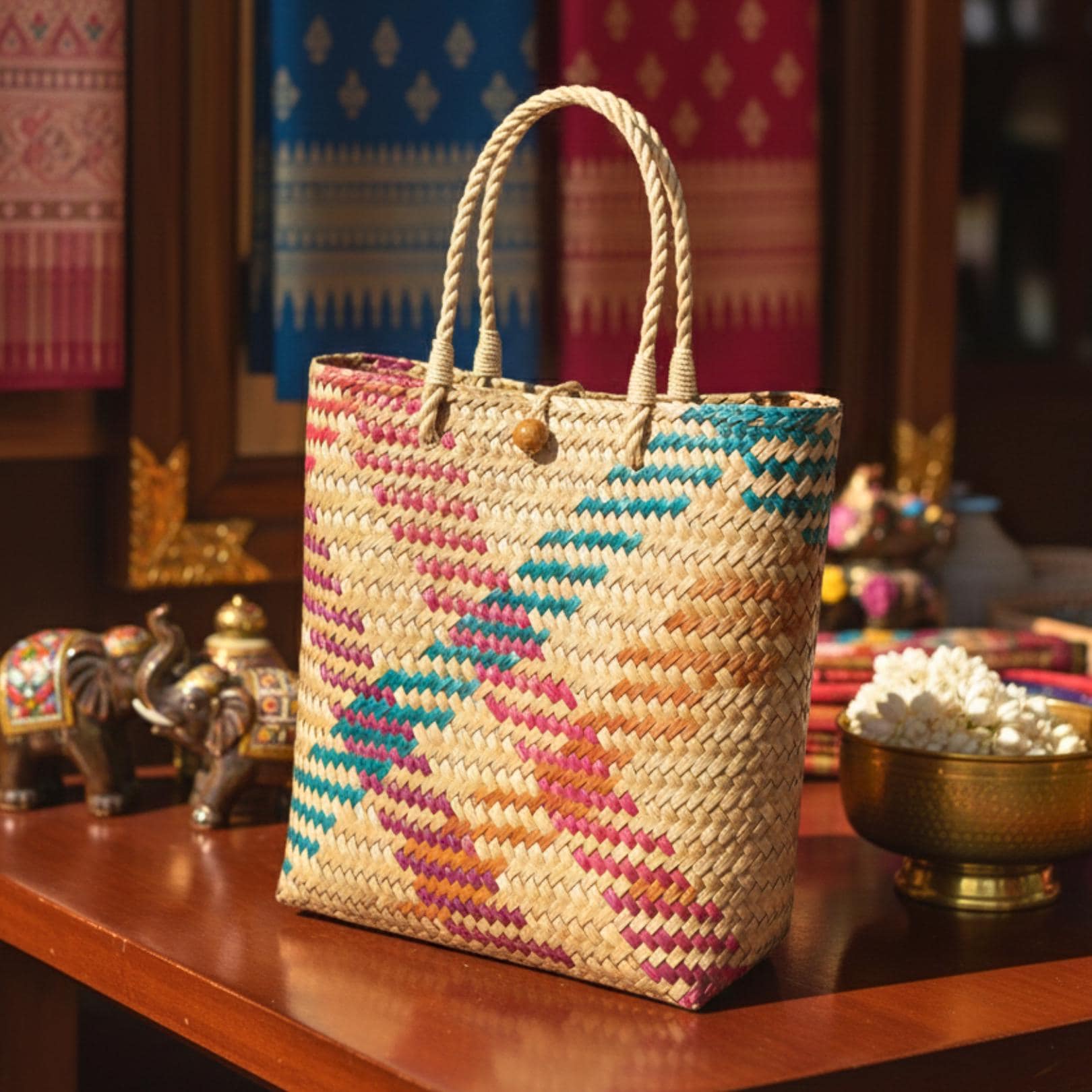 Hand Woven Rattan Market Tote: Vibrant Multi-Color Zigzag Wicker Handbag