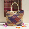 Hand Woven Rattan Market Tote: Earthy Diamond Pattern Boho Handbag