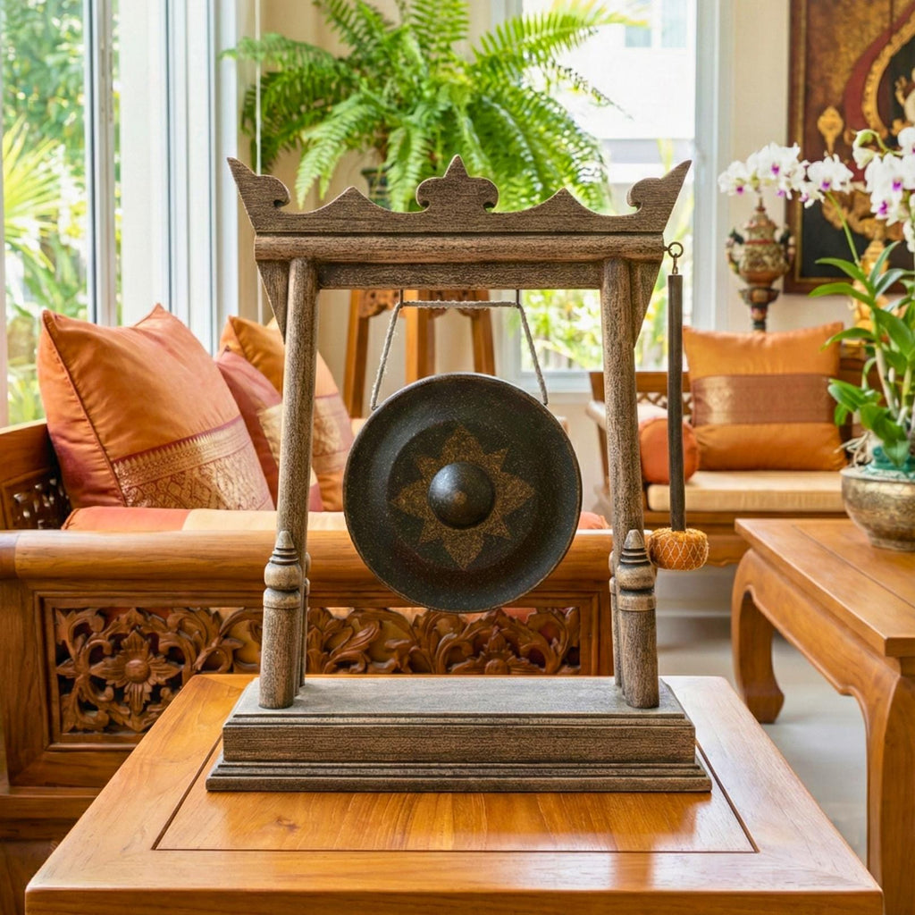 Hand Carved Wood Gong with Traditional Thai Motifs: Authentic Antique Altar Decor