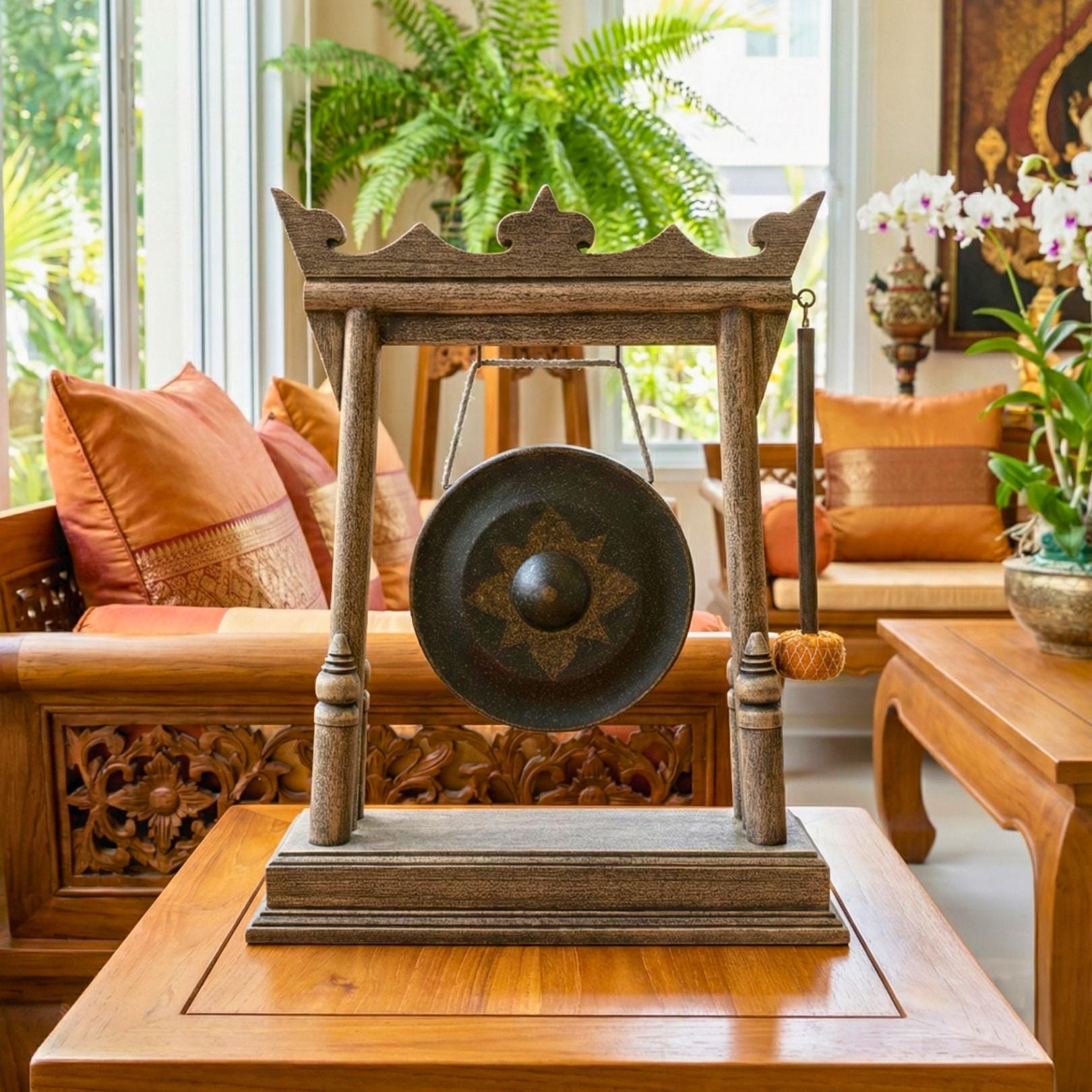 Hand Carved Wood Gong with Traditional Thai Motifs: Authentic Antique Altar Decor