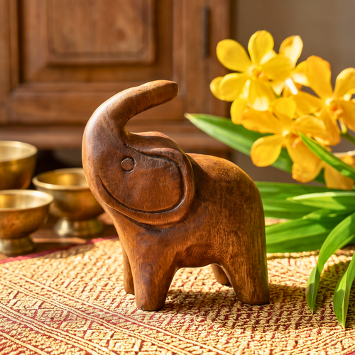 Acacia Wood Elephant Figurine, 4 Inch Lucky Animal Statue, Housewarming Gift for Minimalist - Siam Wood Artisans