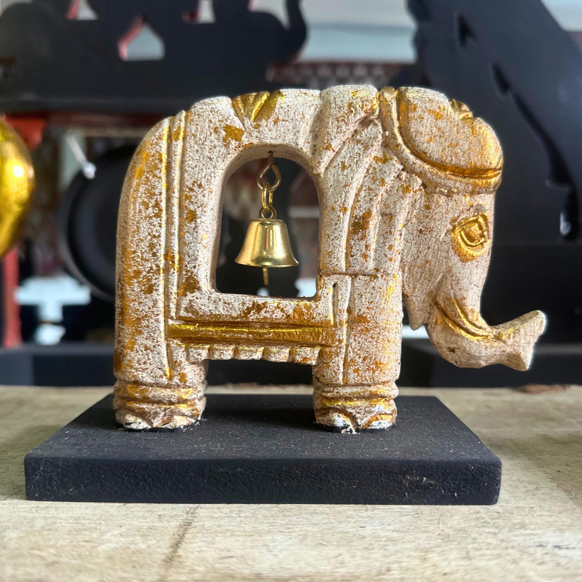 Handcarved Elephant with Bell: Wood Brass Figurine Symbolic Decor