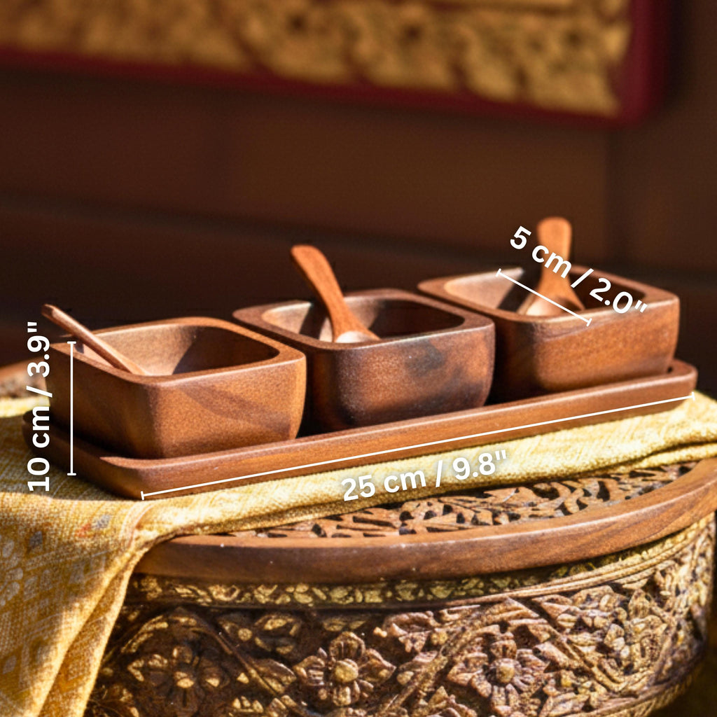 Hand Carved Wood Condiment Set of 3: Thai Tableware Serving Dishes