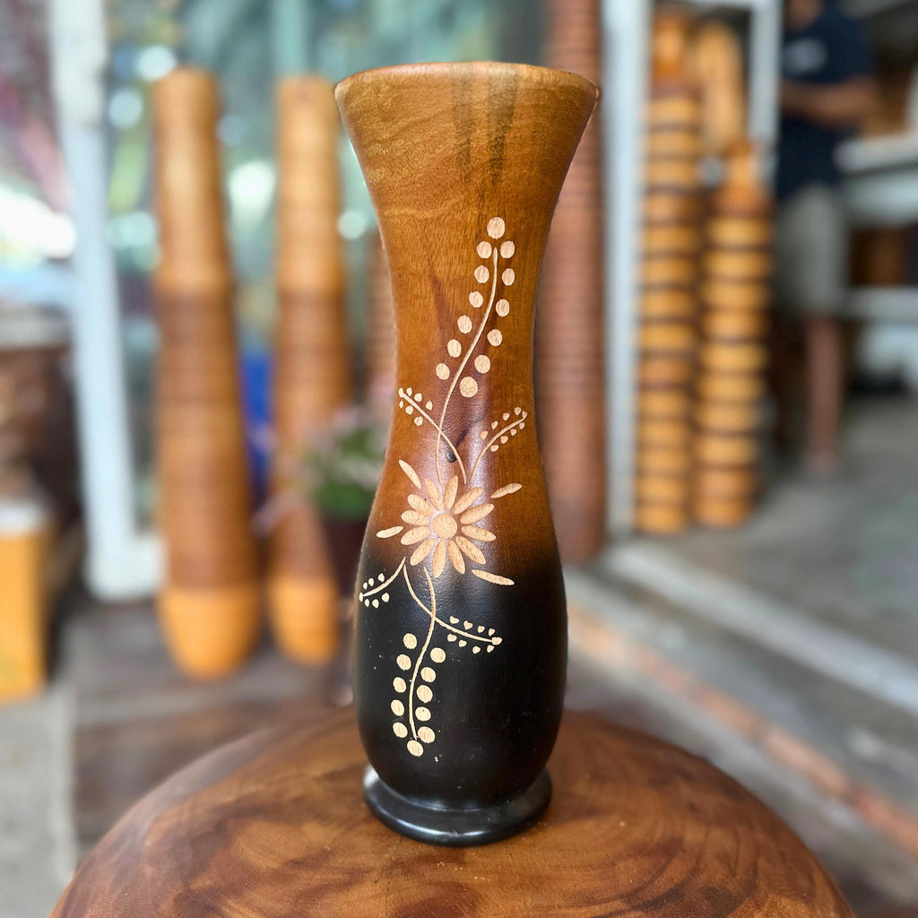 Hand Carved Wooden Tabletop Vase: Two Tone Floral Rustic Centerpiece