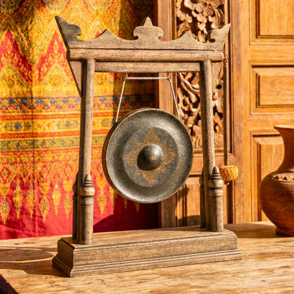 Hand Carved Wood Gong with Traditional Thai Motifs: Authentic Antique Altar Decor