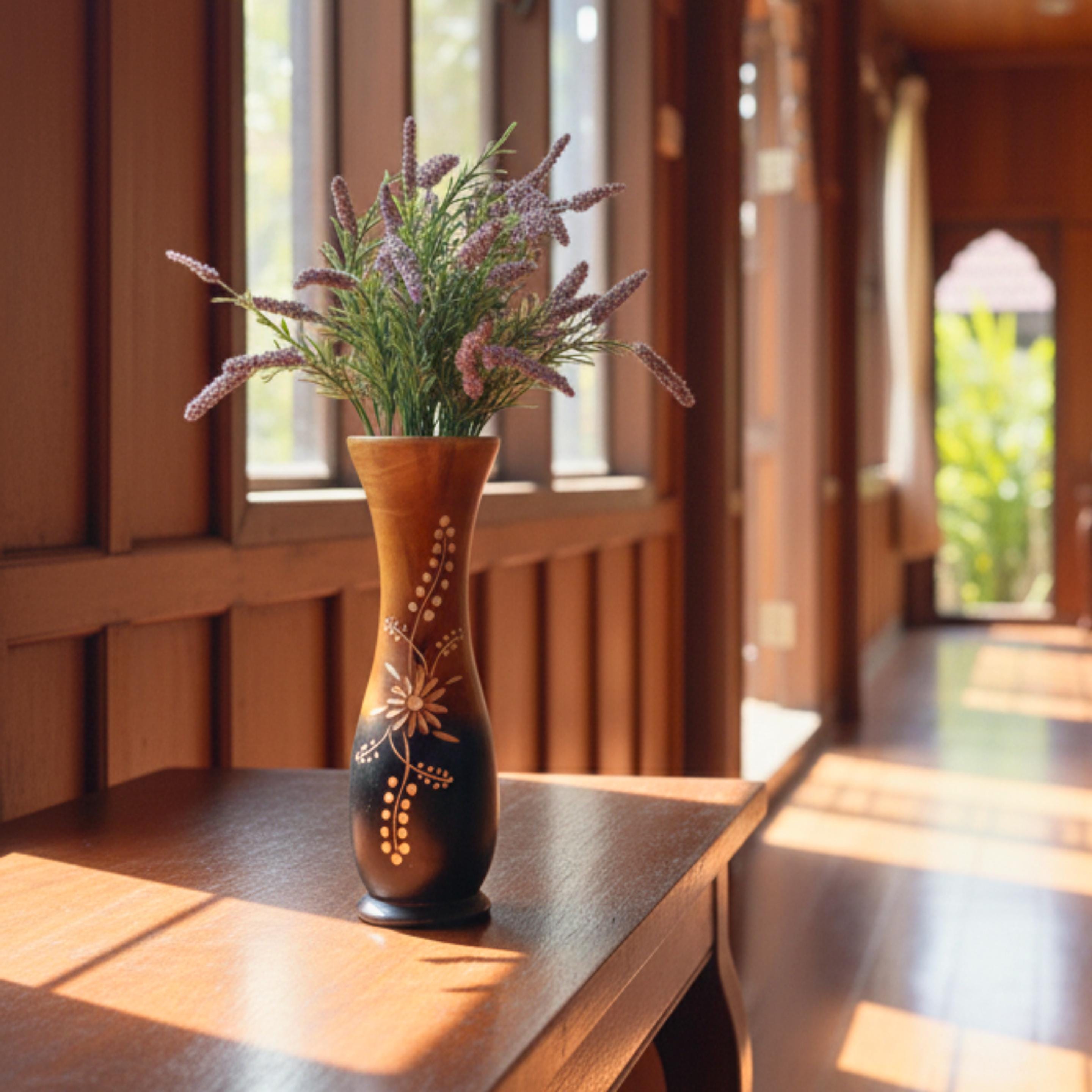 Hand Carved Wooden Tabletop Vase: Two Tone Floral Rustic Centerpiece